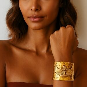 Brass Gold Isis Cuff Bracelet, Egyptian Jewelry, Hammered, Ancient